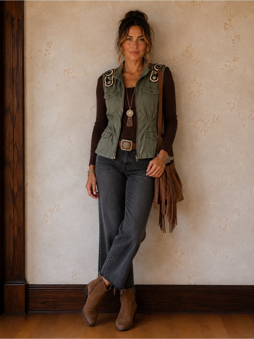 Ruff Hewn Olive Utility Vest Beaded Shoulder Detail Medium Like New!